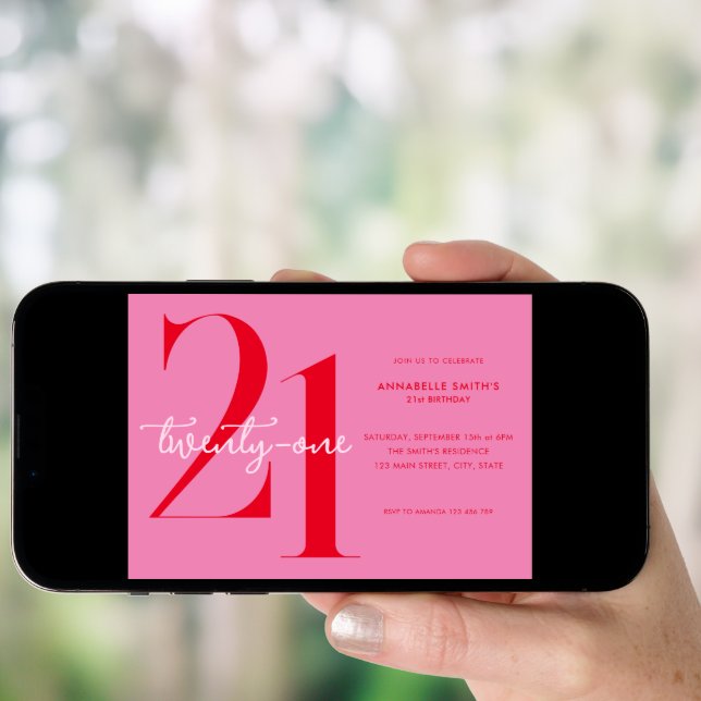 Modern Minimalist Pink Red 21st Birthday Invitation (Front Digital)