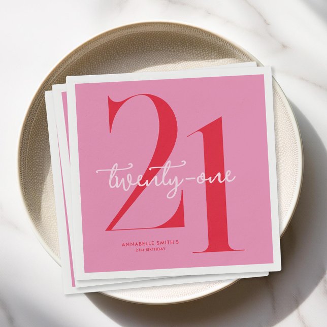 Modern Minimalist Pink Red 21st Birthday Napkins (Creator Uploaded)