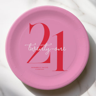 Modern Minimalist Pink Red 21st Birthday Paper Plates