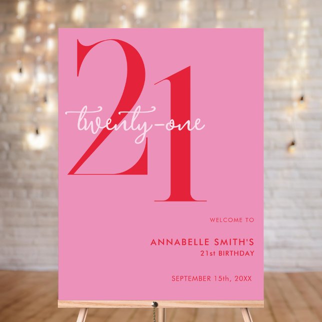 Modern Minimalist Pink Red 21st Birthday Welcome Foam Board (Creator Uploaded)