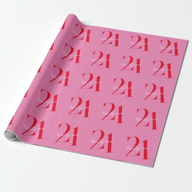 Modern Minimalist Pink Red 21st Birthday Wrapping Paper (Unrolled)