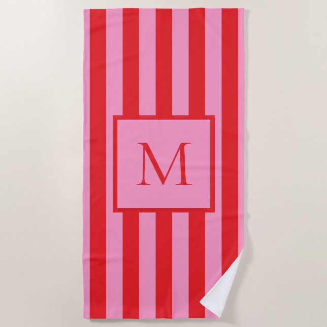 Modern Minimalist Pink Red Striped Monogram  Beach Towel (Front)