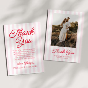 Modern Minimalist Pink Stripes Red Picture Wedding Thank You Card
