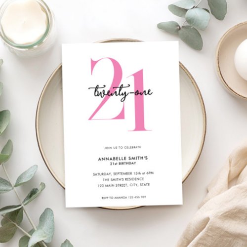 Modern Minimalist Pink White 21st Birthday Invitation