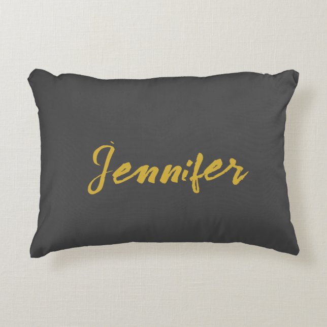 Modern Minimalist Plain Calligraphy Name Grey Gold Accent Pillow (Front)