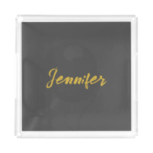 Modern Minimalist Plain Calligraphy Name Grey Gold Acrylic Tray
