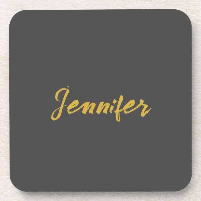 Modern Minimalist Plain Calligraphy Name Grey Gold Beverage Coaster (Front)