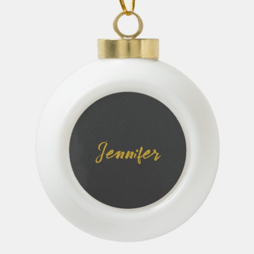 Modern Minimalist Plain Calligraphy Name Grey Gold Ceramic Ball Christmas Ornament