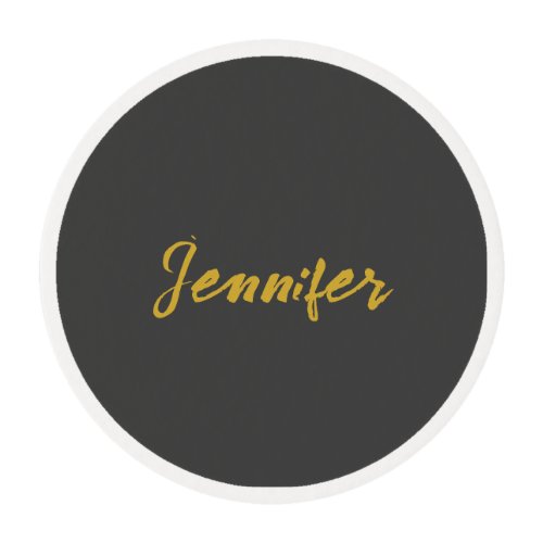 Modern Minimalist Plain Calligraphy Name Grey Gold Edible Frosting Rounds