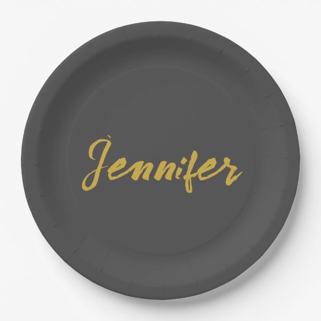 Modern Minimalist Plain Calligraphy Name Grey Gold Paper Plates (Front)