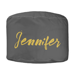 Modern Minimalist Plain Calligraphy Name Grey Gold Pouf