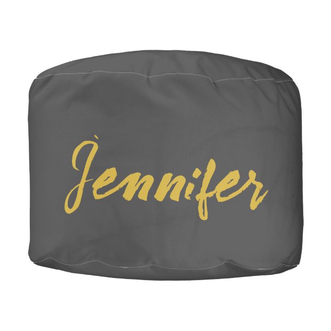Modern Minimalist Plain Calligraphy Name Grey Gold Pouf (Front)