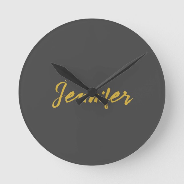 Modern Minimalist Plain Calligraphy Name Grey Gold Round Clock (Front)