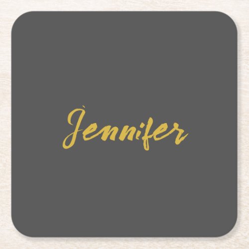 Modern Minimalist Plain Calligraphy Name Grey Gold Square Paper Coaster