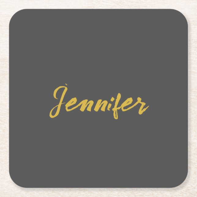 Modern Minimalist Plain Calligraphy Name Grey Gold Square Paper Coaster (Front)