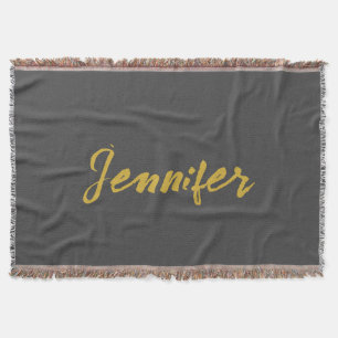 Modern Minimalist Plain Calligraphy Name Grey Gold Throw Blanket