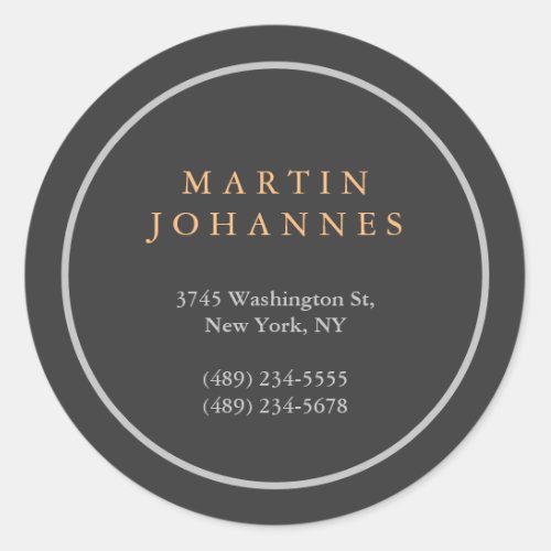 Modern Minimalist Plain Elegant Grey Name Address Classic Round Sticker