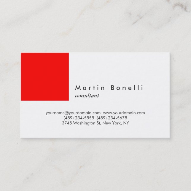 Modern Minimalist Plain Red White Business Card (Front)