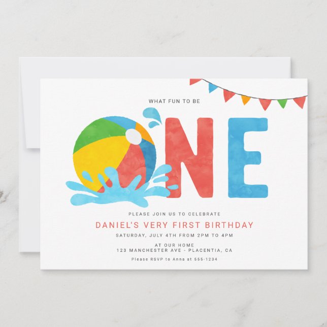 Modern Minimalist Pool Party First Birthday Invitation (Front)