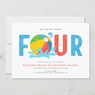 Modern Minimalist Pool Party Fourth Birthday Invitation