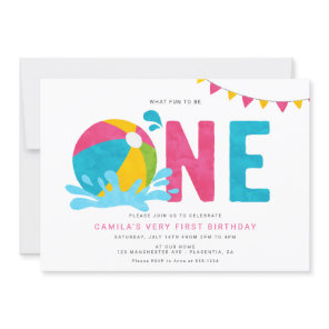 Modern Minimalist Pool Party Girl First Birthday Invitation
