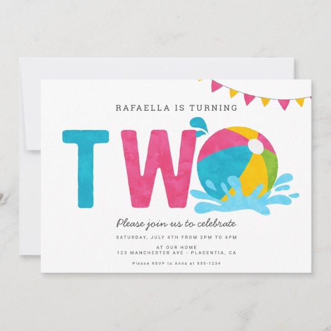 Modern Minimalist Pool Party GIRL Second Birthday Invitation (Front)