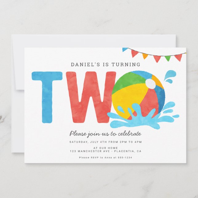 Modern Minimalist Pool Party Second Birthday Invitation (Front)