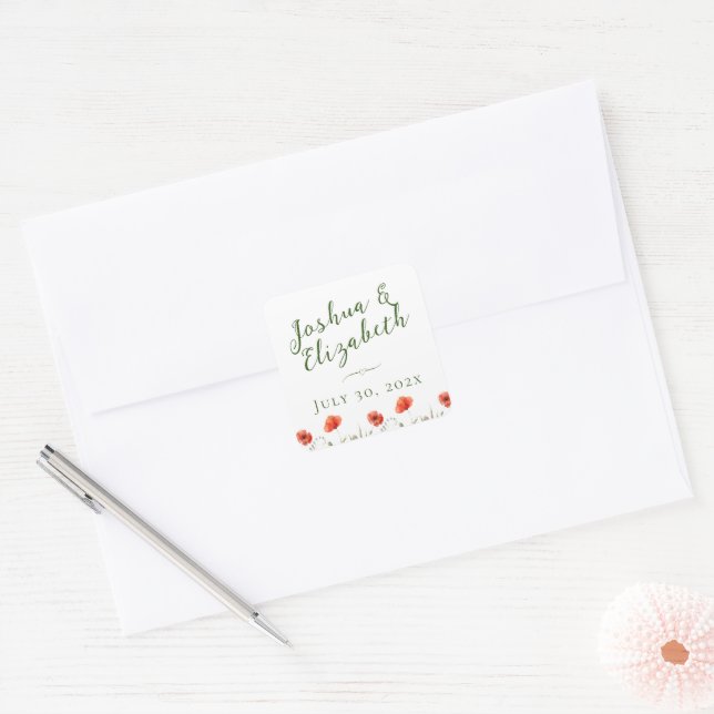 Modern Minimalist Poppies Wedding  Square Sticker (Envelope)