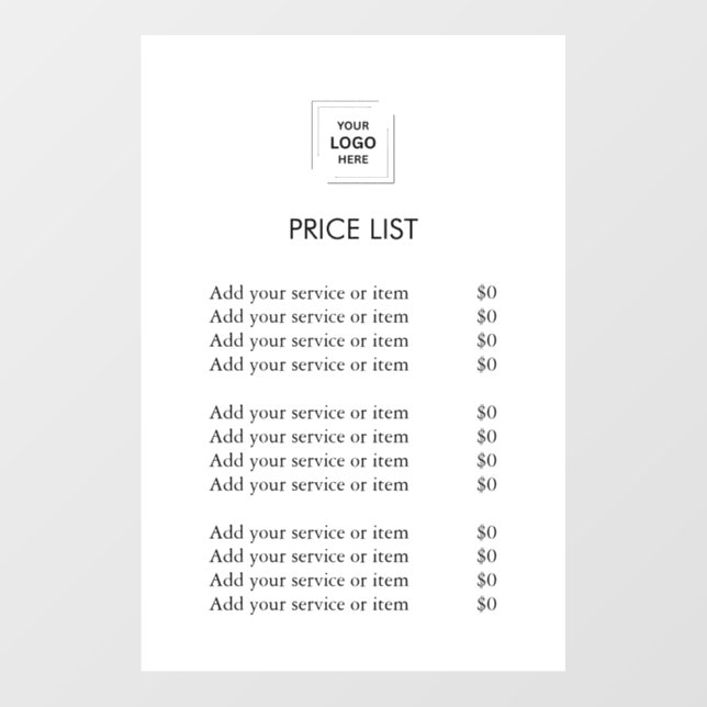 Modern Minimalist Price List | Business Logo  Wall Decal (Front)