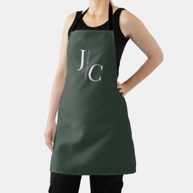 Modern Minimalist Professional Monogram Dark Green Apron (Insitu)