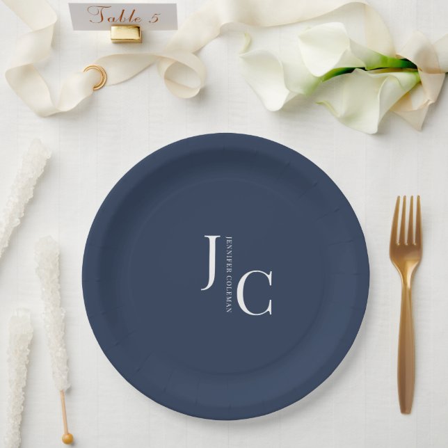 Modern Minimalist Professional Monogram Navy Blue Paper Plates (Wedding)