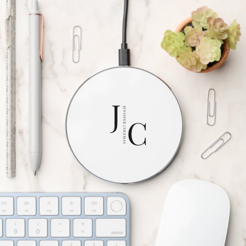 Modern Minimalist Professional Monogram White Wireless Charger