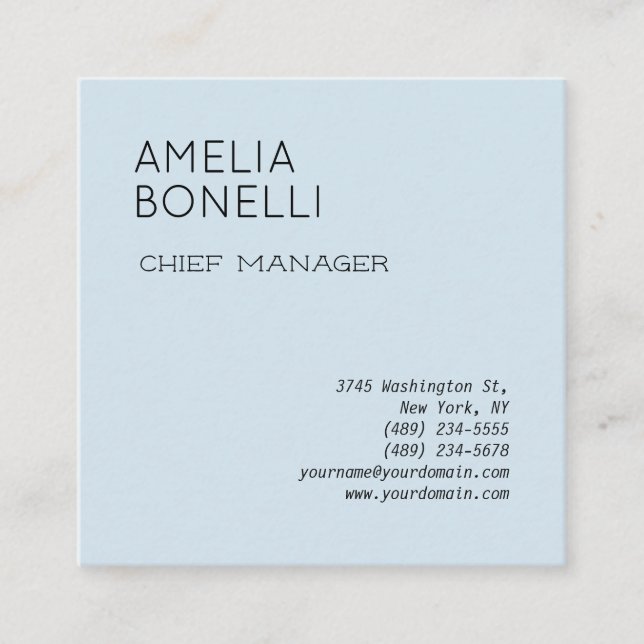 Modern Minimalist Professional Plain Blue Square Business Card (Front)