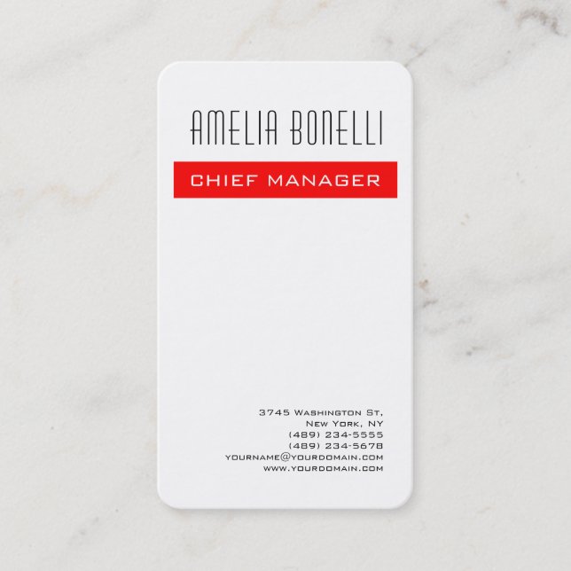 Modern Minimalist Professional Plain Red White Business Card (Front)