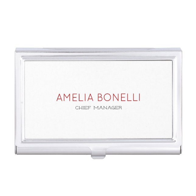 Modern Minimalist Professional Plain White Red Business Card Case (Front)