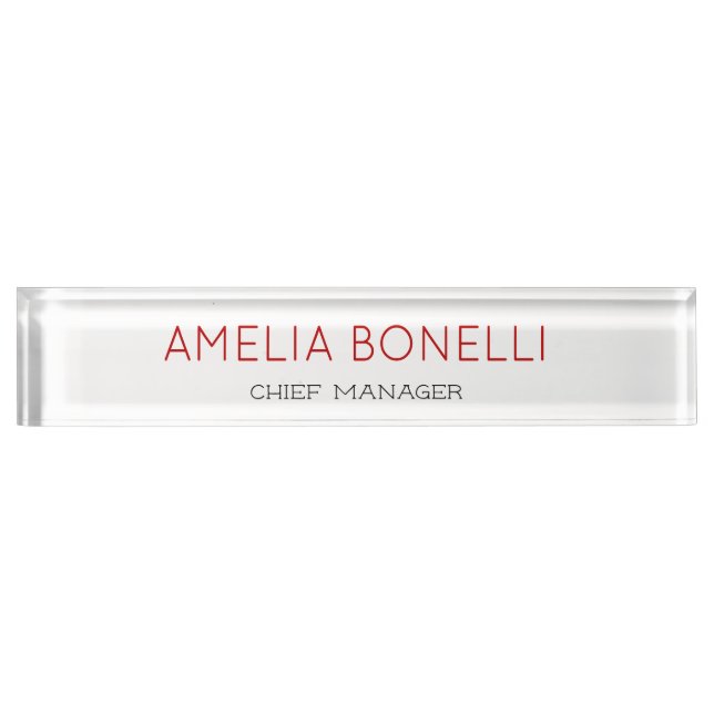 Modern Minimalist Professional Plain White Red Desk Name Plate (Front)