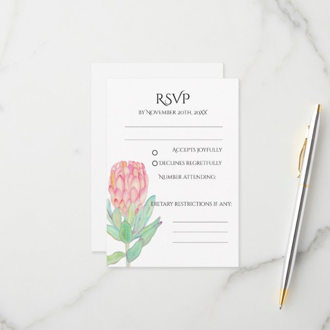 Modern Minimalist Protea Botanical Wedding RSVP Card (Front/Back In Situ)