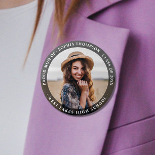Modern Minimalist Proud Mom Graduate Photo Dark Button