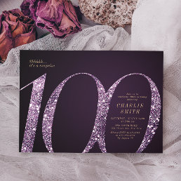 Modern minimalist purple glitter 100th birthday invitation