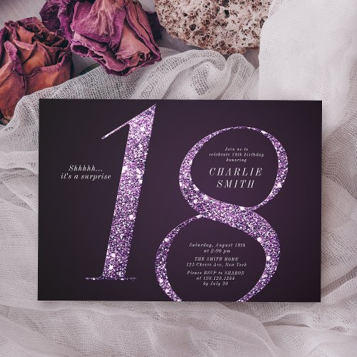 Modern minimalist purple glitter 18th birthday invitation
