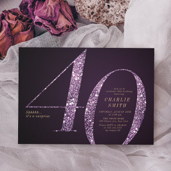 Modern Minimalist Purple Glitter 40th Birthday Invitation by AvaPaperie at Zazzle