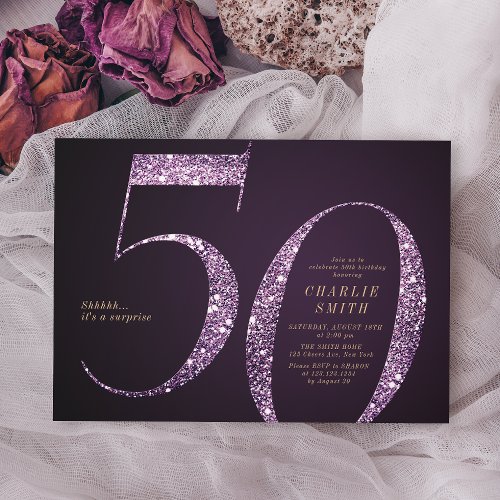 Modern minimalist purple glitter 50th birthday invitation