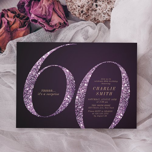 Modern minimalist purple glitter 60th birthday invitation