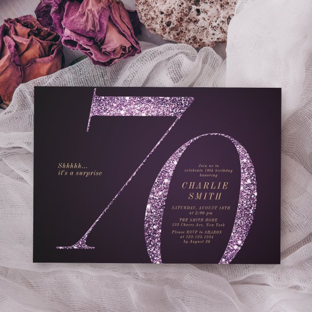 Modern minimalist purple glitter 70th birthday invitation