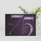 Modern minimalist purple glitter 75th birthday invitation (Standing Front)