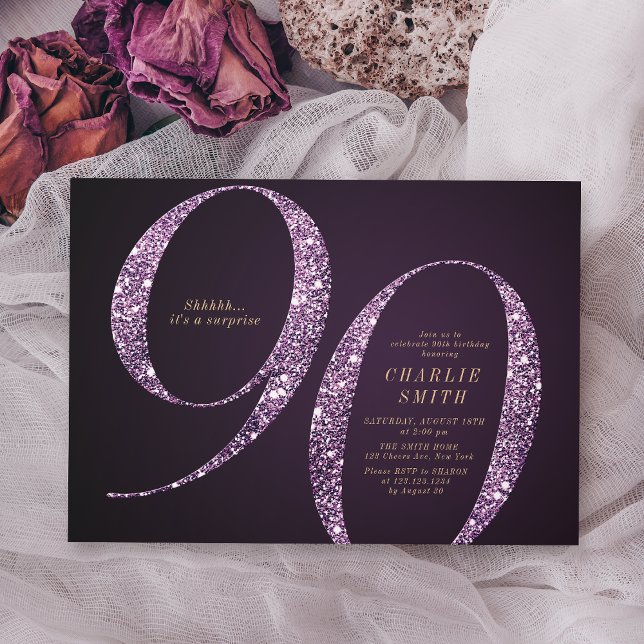 Modern minimalist purple glitter 90th birthday invitation (Modern minimalist purple glitter 90th birthday invitation)