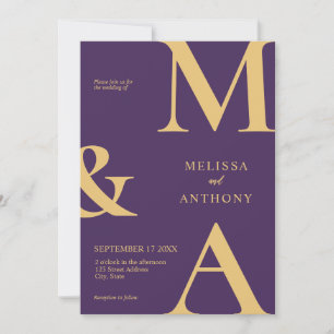 Modern Minimalist Purple Gold Monogram Wedding Invitation