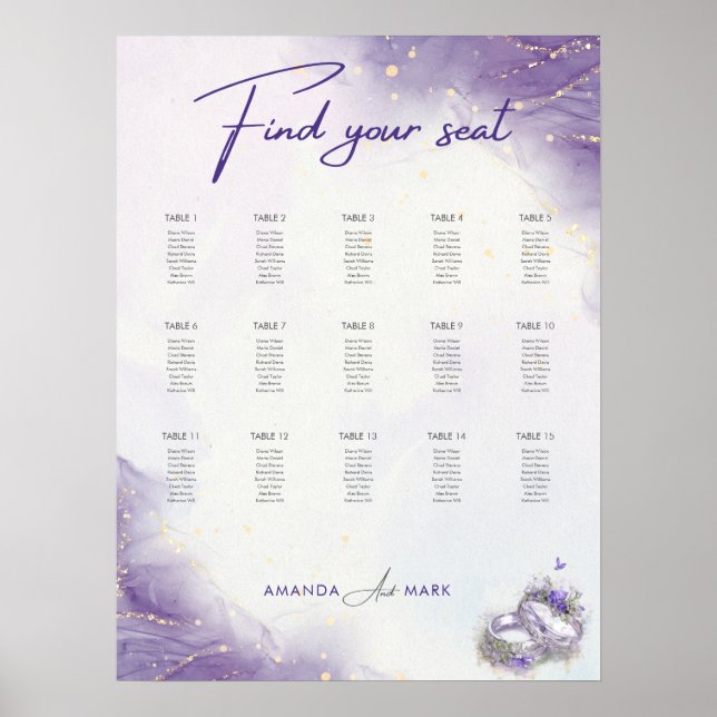 Modern Minimalist Purple Lilac Wedding Seat Chart (Front)