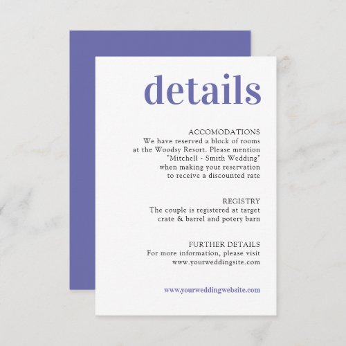 Modern Minimalist Purple Wedding DETAILS Enclosure Card