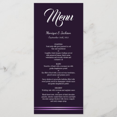 Modern Minimalist Purple Wedding Menu
